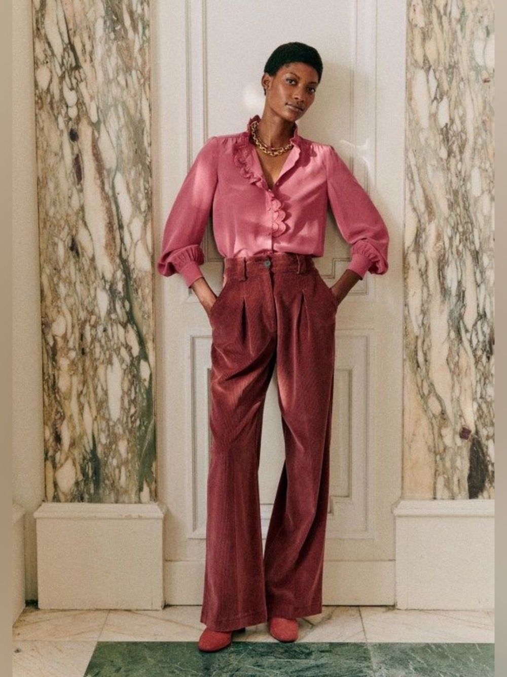 NEW Sezane Chlo Silk Ruffle Blouse Rosewood size 40 - Picture 5 of 11